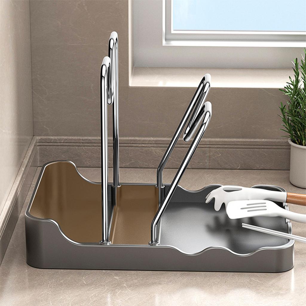 Multifunctional Stainless Steel Pot Lid Organizer with Spoon Rest Utensils Pan Pot Cover Lid Rack Shelf for Kitchen Counter