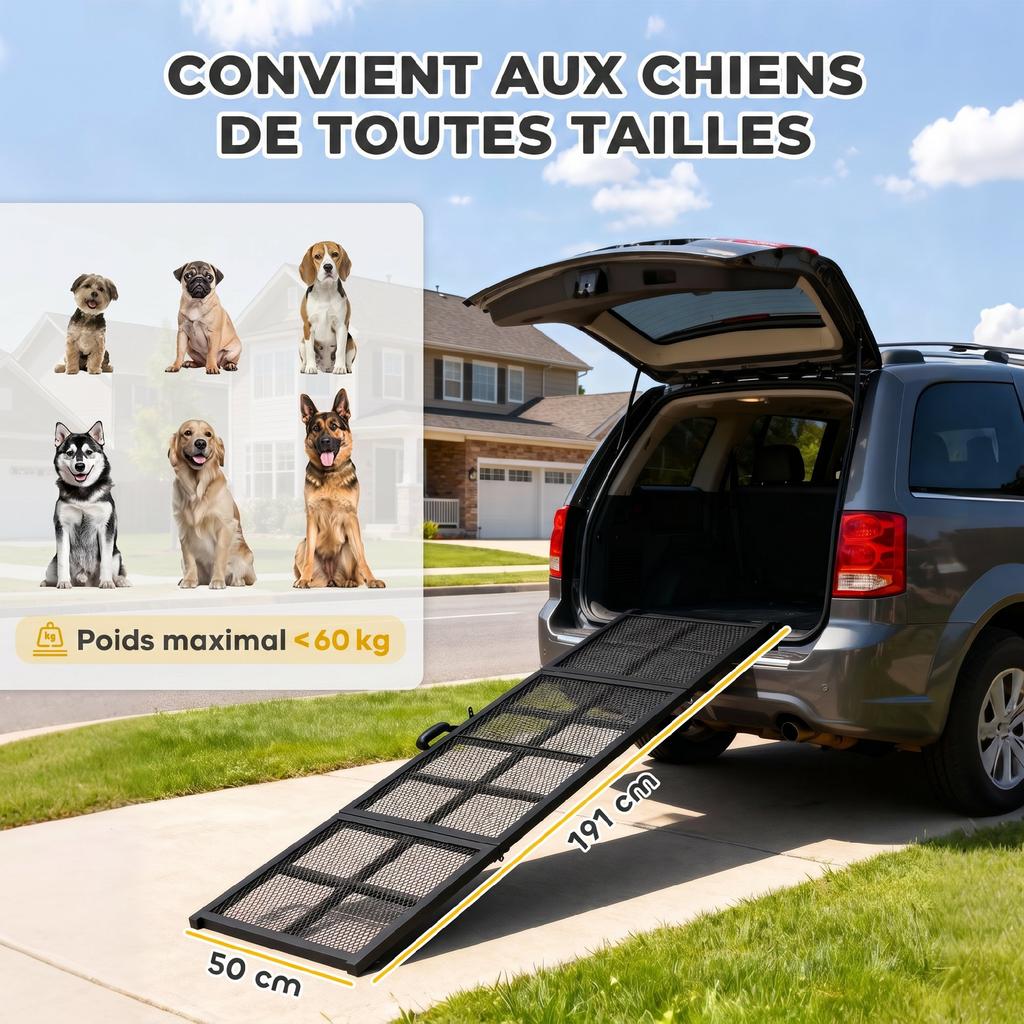 Folding Dog Ramp, Steel, Non-Slip Surface, Load 180 kg, 191 x 50 x 4 cm, Black