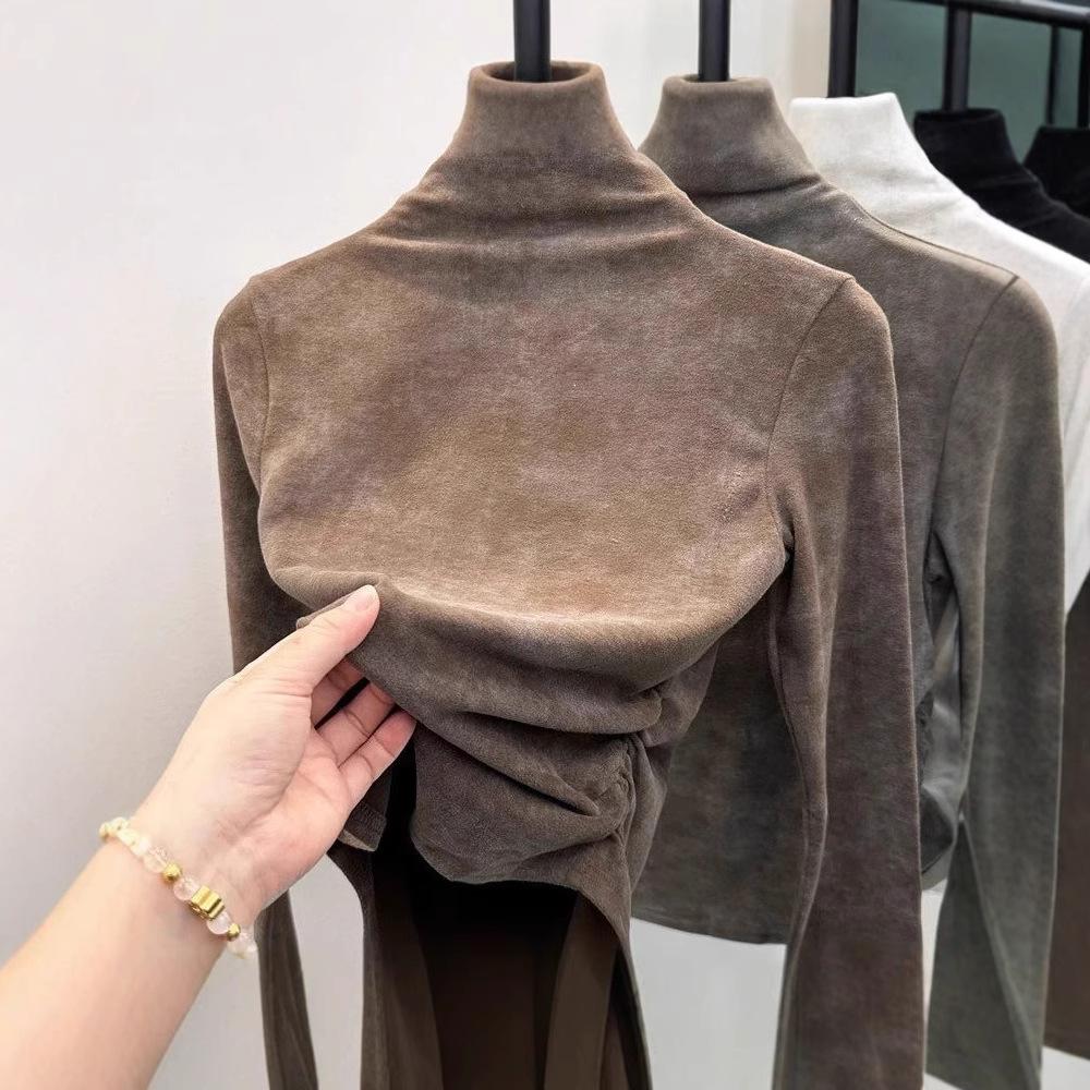 Women Tie-dye Turtleneck Thermal Underwear Top Fleece Lined Long Sleeve Slim Fit Casual Warm Knit Shirt For Autumn Winter