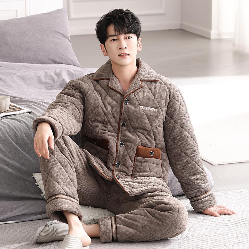 Men's Pajamas Autumn and Winter Coral Fleece Three-layer Padded Fleece Thickened Flannel Padded Jacket Warm Loungewear Set