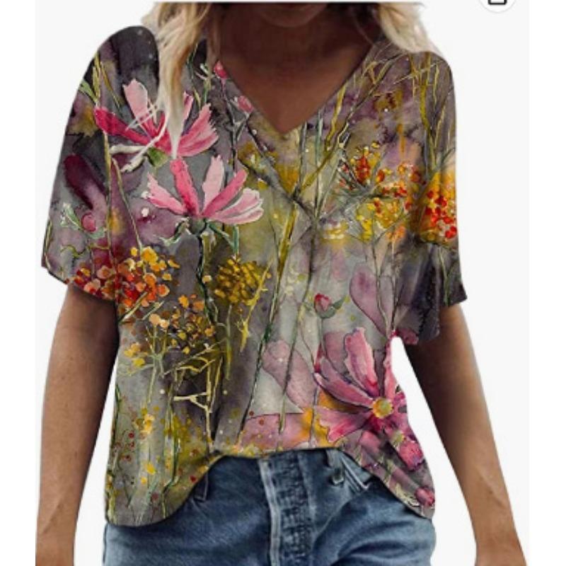 Summer V-neck 3D Feather Flower Printed Top Fashionable Casual Short Sleeved Women's T-shirts