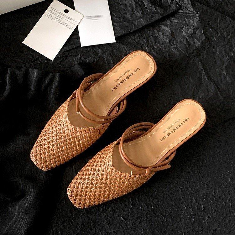 Fashion Vintage Woven 1 Slip-on Toe Half Slippers Women's New Outwear French Fairy Style Thick Heel Holiday Shoes