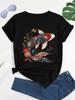 Koi Fish Vintage Flower Pattern Japanese Art Floral Koi Carp Print T-shirt, Short Sleeve Crew Neck Casual Top for Summer & Spring, Women's Clothing