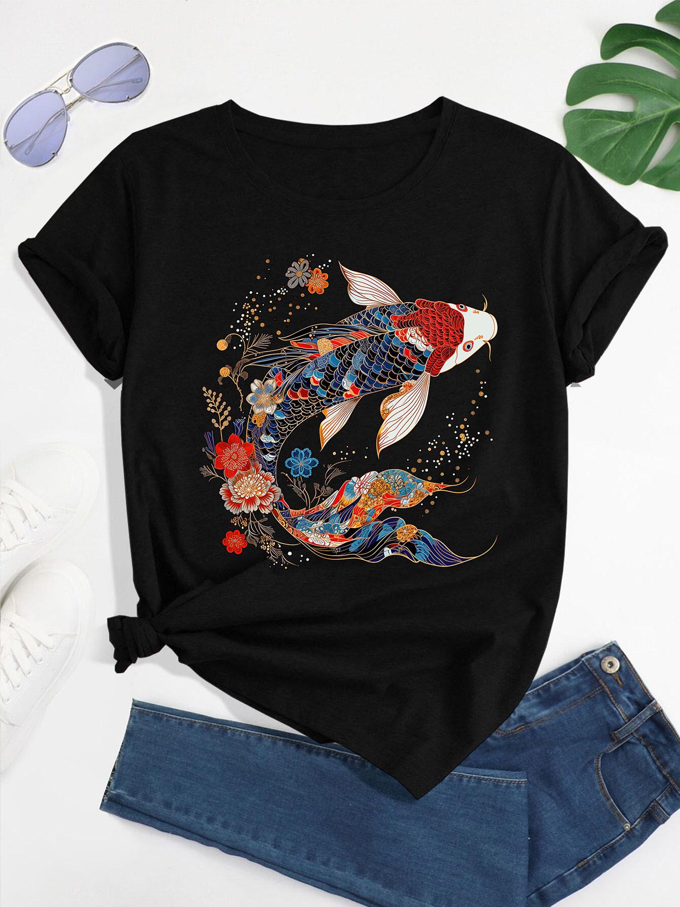 

Koi Fish Vintage Flower Pattern Japanese Art Floral Koi Carp Print T-shirt, Short Sleeve Crew Neck Casual Top for Summer & Spring, Women s Clothing 5XL різнокольоровий