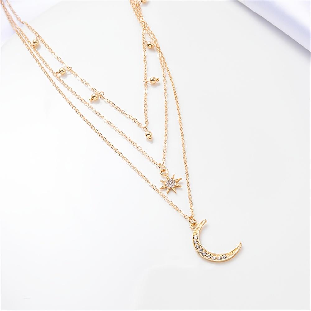 1-Pack Alloy Pendant Rhinestone Inlaid Three-Layer Necklace, Stylish Small Round Bead Tassel Hexagram Moon Pendant Trendy