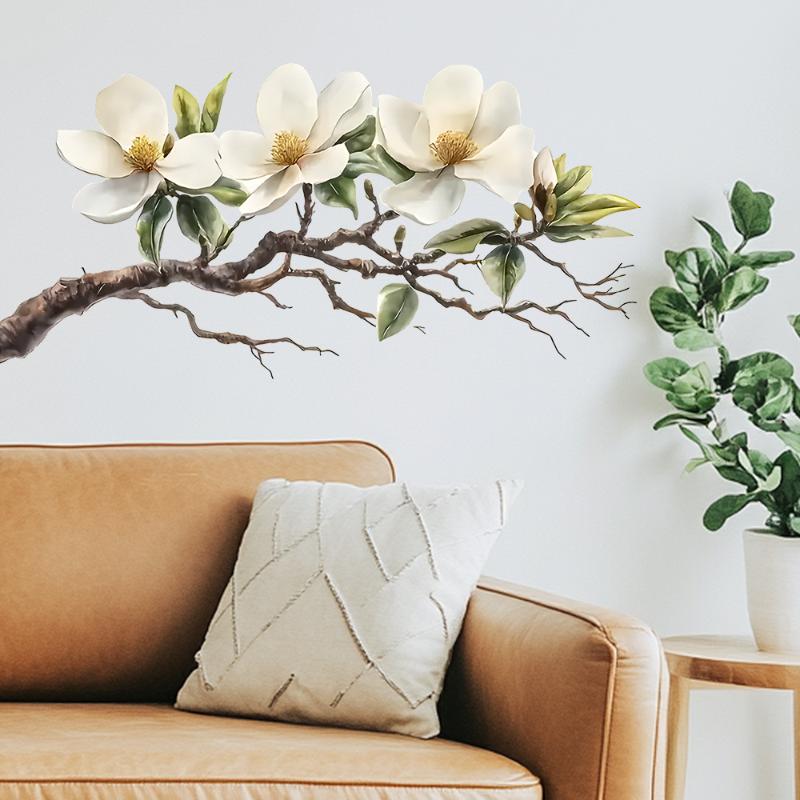 1Pc Elegant White Magnolia Blossom Wall Decal Self-Adhesive Removable Sticker Perfect For Living Room