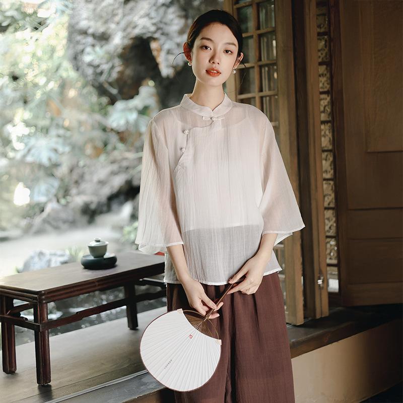 New Chinese Women's Clothing 1116 Spring and Summer New Tencel Ramie Top Women's Chinese Style Retro Diagonal Placket Button T-shirt Women
