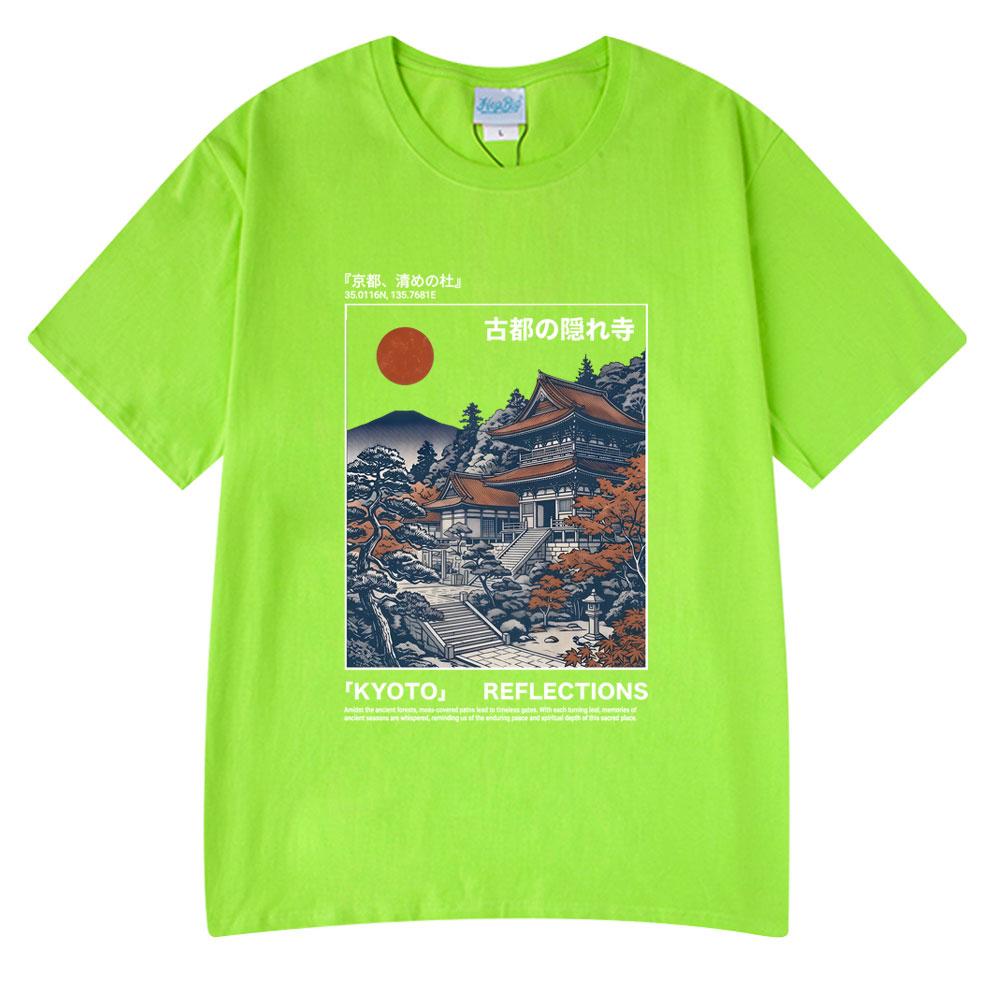 Kyoto Reflections Graphic Illustration T-shirt Retro Japanese Ukiyo-e Style Temple Tee Cotton Streetwear Casual Oversized TShirt