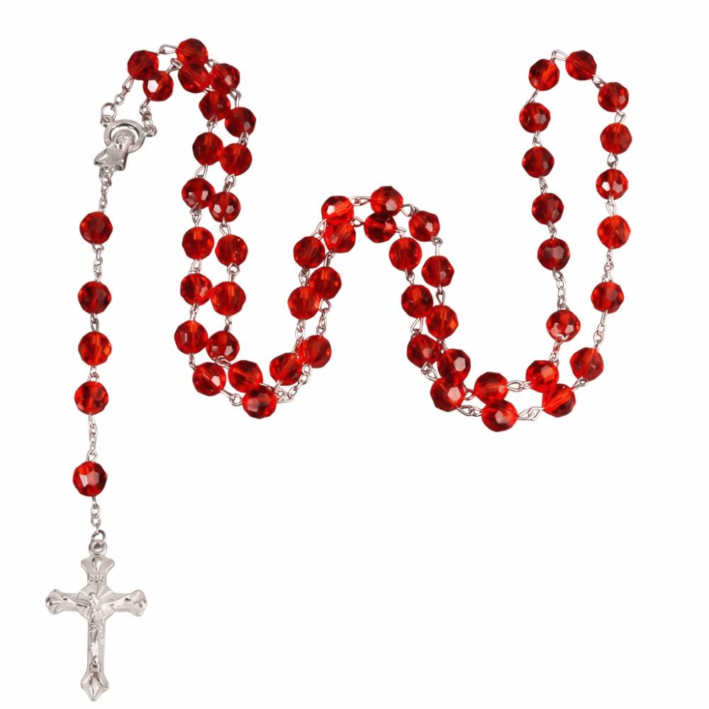 Katholischer Rosenkranz Kreuz Anhänger Halskette Lange Kette 8mm Perlen Rosenkranz Halskette Kristallperlen Religiöser Kruzifix Anhänger Kette