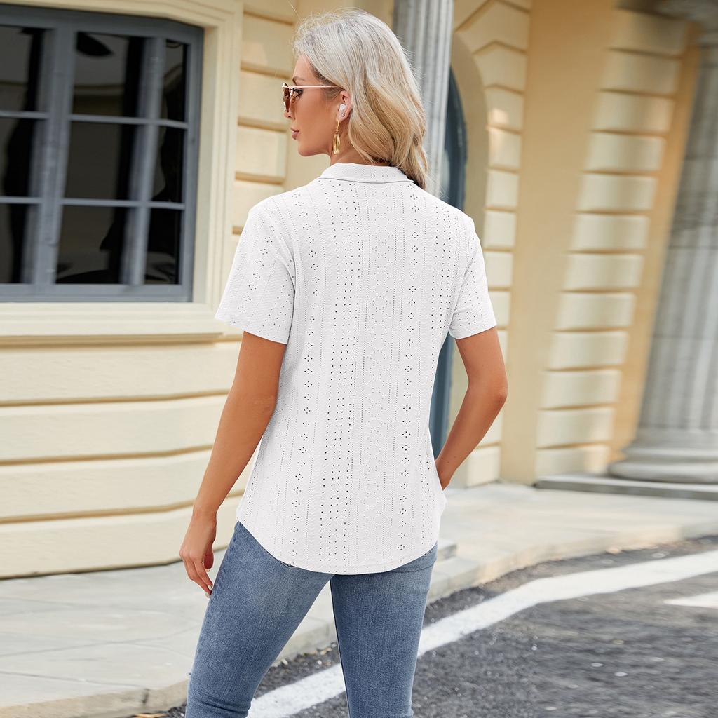 Women's Spring and Summer New, V-neck Jacquard, Loose Tops, Lapel Swallowtail, Short Sleeve T-shirt