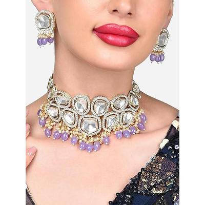 Purple Beads Drop Kundan Bridal Choker Necklace & Earring Set For Women