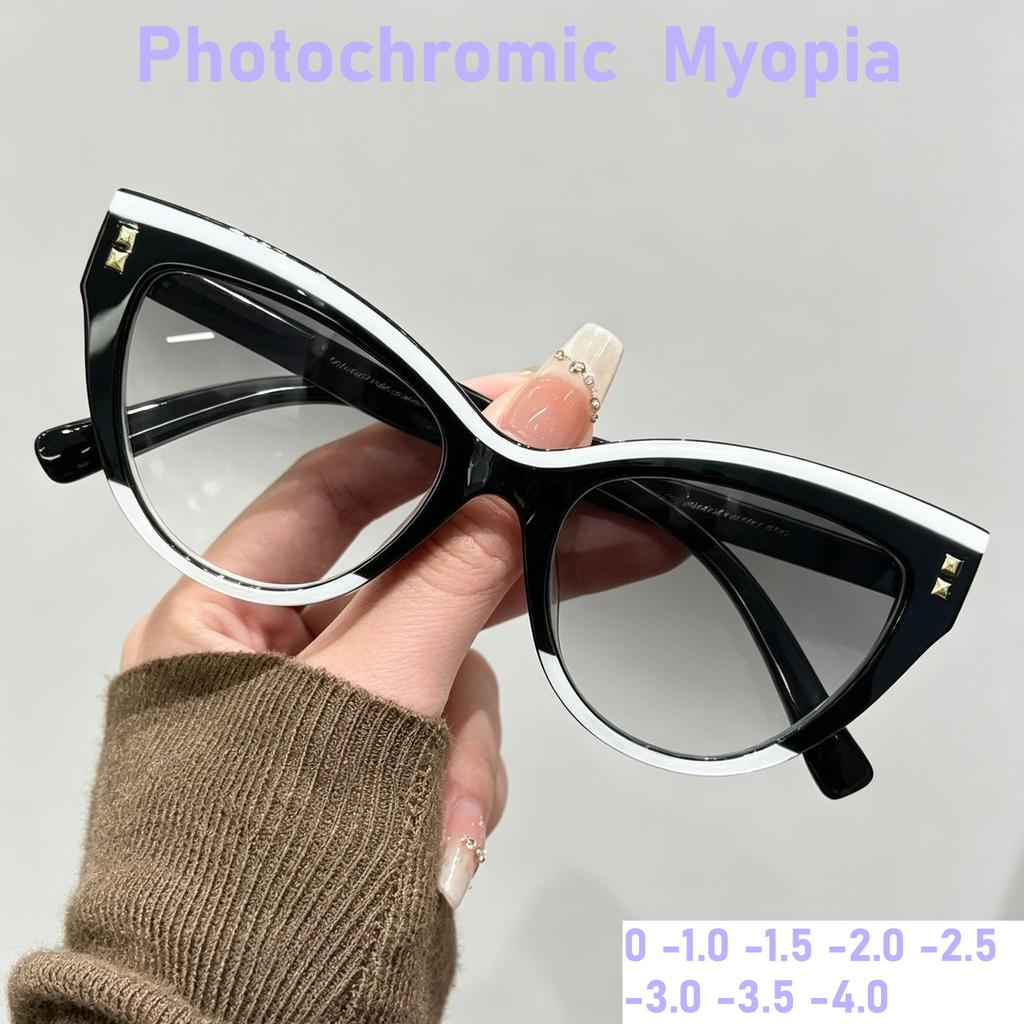 New Cat Eye Rice Nail Photochromic Myopia Glasses Retro Fashion Women's Personalized Anti UV and Anti Blue Light Glasses