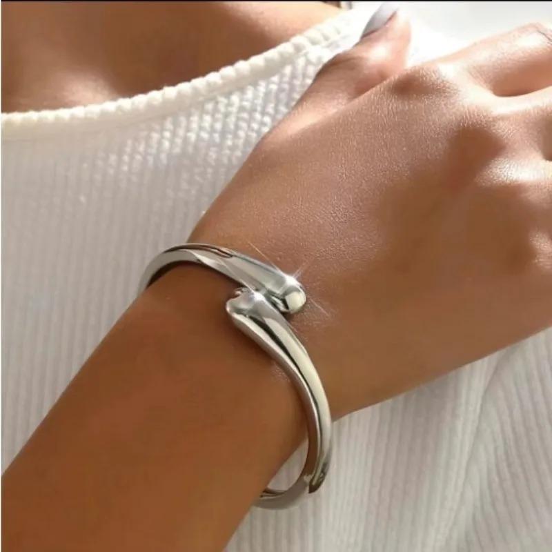 Stainless Steel Teardrop Shaped Bangle For Women Simple Chunky Gold Silver Color Adjustable Cuff Open Bracelet Fashion Jewelry