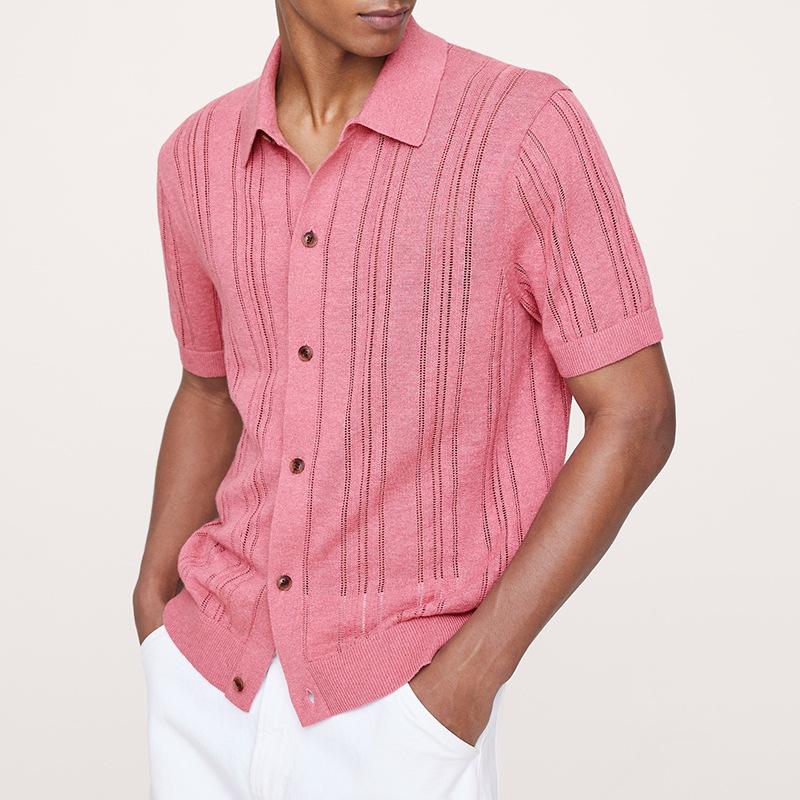 Mens Casual Solid Color Vertical Stripe Openwork Knit Short Sleeve Button Down Shirt S розовый