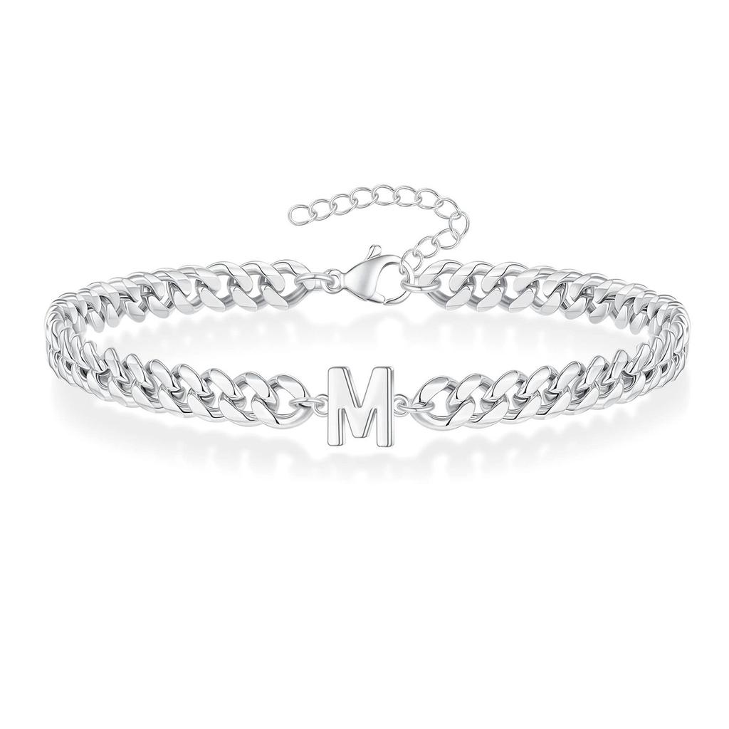 Vnox A-Z Iniziale Braccialetti a Catena Cubana per Uomo Donna, Acciaio Inossidabile Colore Argento Maglie Ovali, Braccialetto con Ciondolo Lettera Nome Regalo