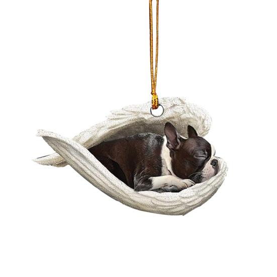 Dog Sleeping In Angel Wings Ornament 2D Flat Car Rear View Mirror Hanging Charm Pet Memorial Keepsake for Christmas Tree Car Interior Accessories