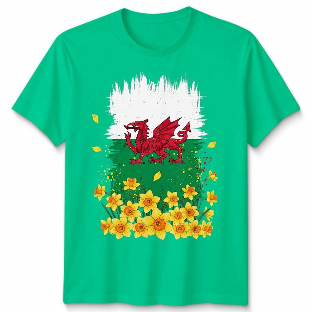 St Davids Day Welsh Flag With Daffodils Unisex Tshirt S