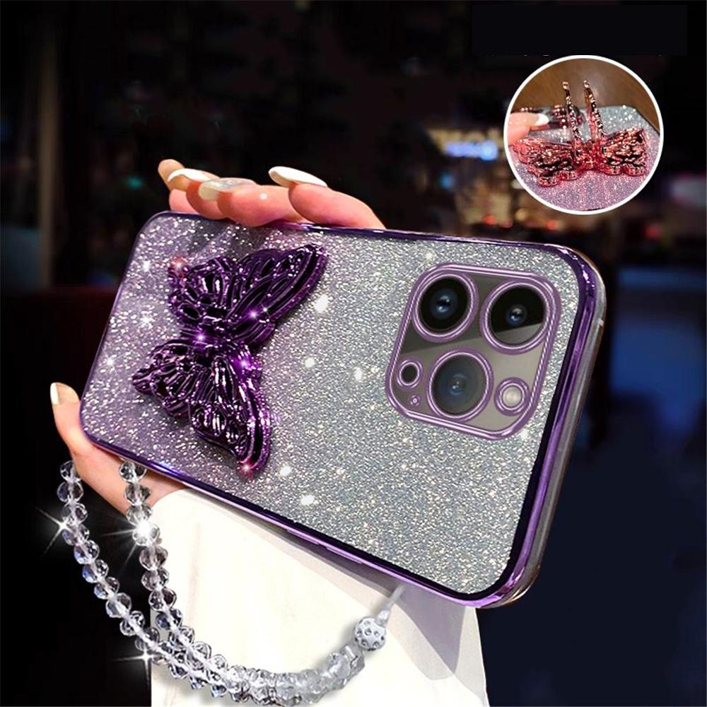Luxury Butterfly Phone Holder Crystal Bracelet Case For Samsung S25 S24 S23 Ultra S21 S22 Plus S20 FE S10 Glitter Plating Cover