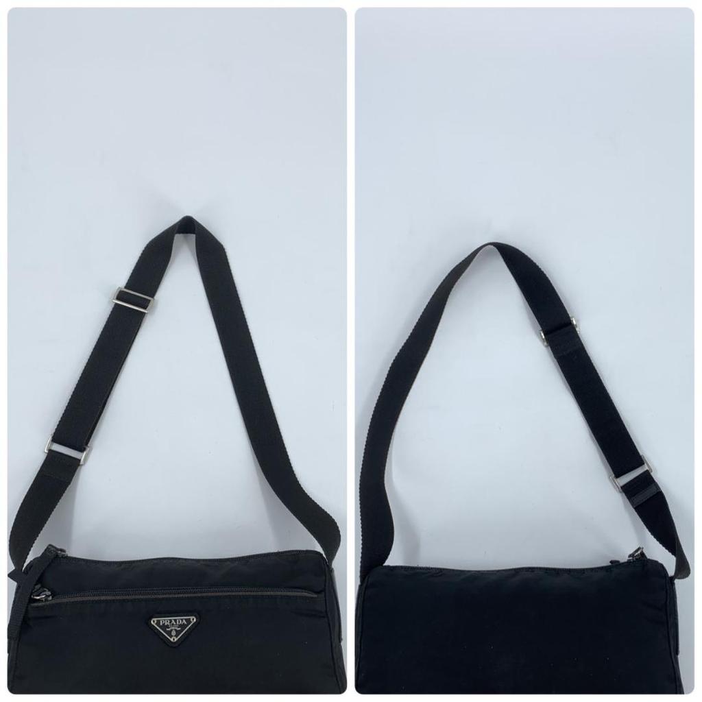Prada Pocono Schultertasche Kameratasche Crossbody Tessuto Nylon Leder Schwarzer Schultergurt Crossbody Dreieckiges Logo-Schild Weißes Etikett