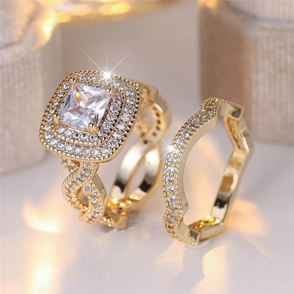 Crystal Female White Zircon Squarel Stone Ring Set Fashion Vintage Gold Color Bridal Wedding Engagement  For Women