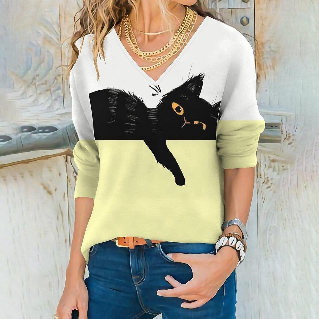 V-neck 3D Cat Printed Fashionable Casual Long Sleeved Women's T-shirts - Soft Medium Stretch Polyester Fabric Spring and Autumn Relaxed Fit Clothing
