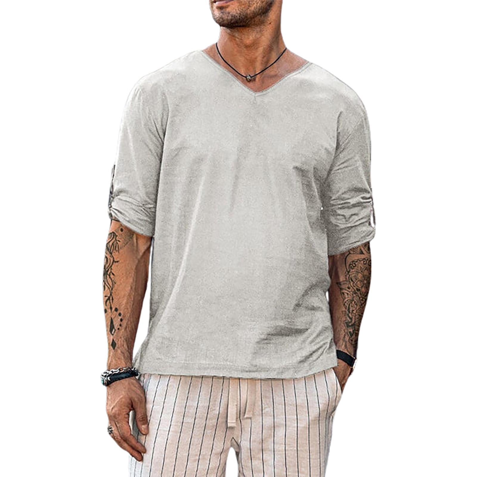 

Дизайнерские весенне-летние мужские повседневные рубашки из хлопка и льна, однотонные рубашки с длинными рукавами, свободные рубашки с воротником-стойкой XL белый