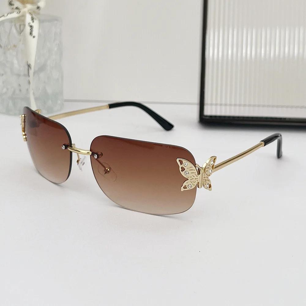 Rimless Butterfly Square Sunglasses Women For Men Vintage Sun Glasses Luxury Brand Designer Steampunk Pink Eyeglasses Uv400