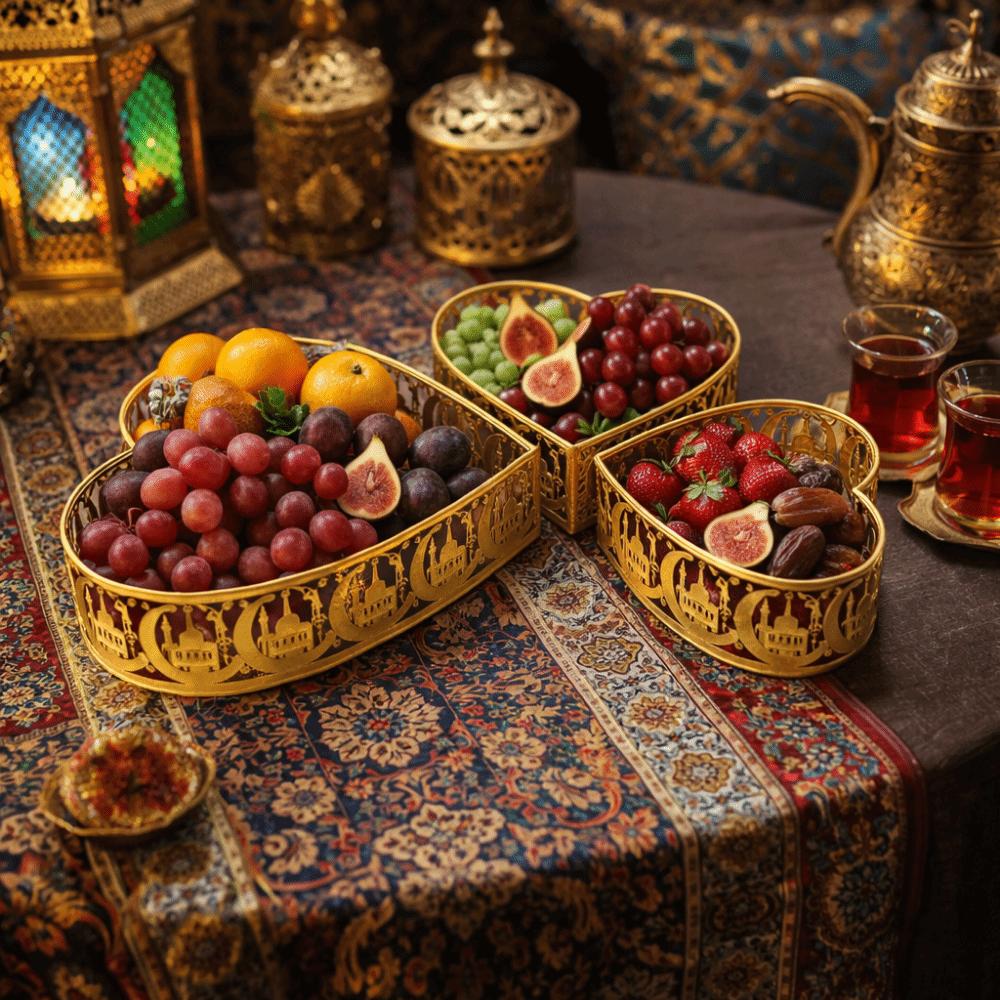 3Pcs Gold Color Ramadan Festival Art Tray Elegant Eid Candy Dish Islamic Holidays