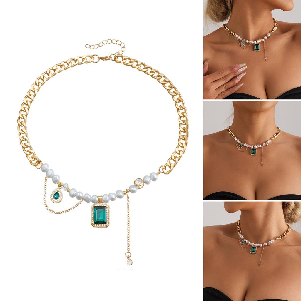 Fashionable Women's Choker Necklace with Green Zircon and Imitation Pearls Highlighting Neckline Elegant Charm