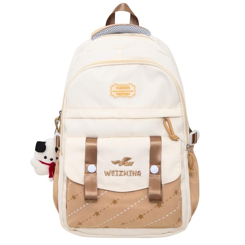 

Color Blocked Letter Embroidery Student Backpack With Plush Pendant For Daily Use White Brown