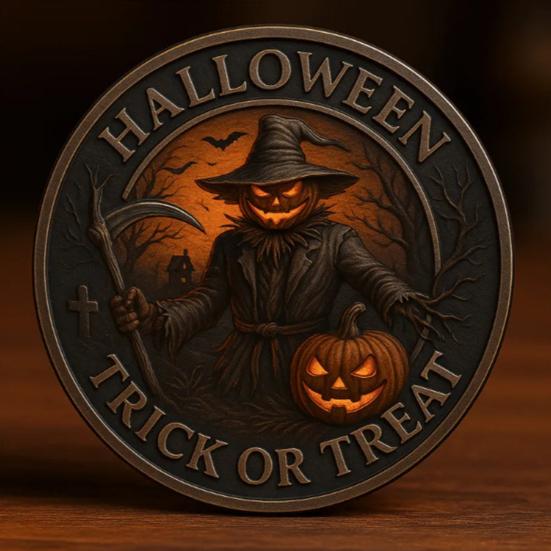 Halloween Challenge Coin Scarecrow Pumpkin Reaper Edition Metal Coin Trick (Skull Side)
