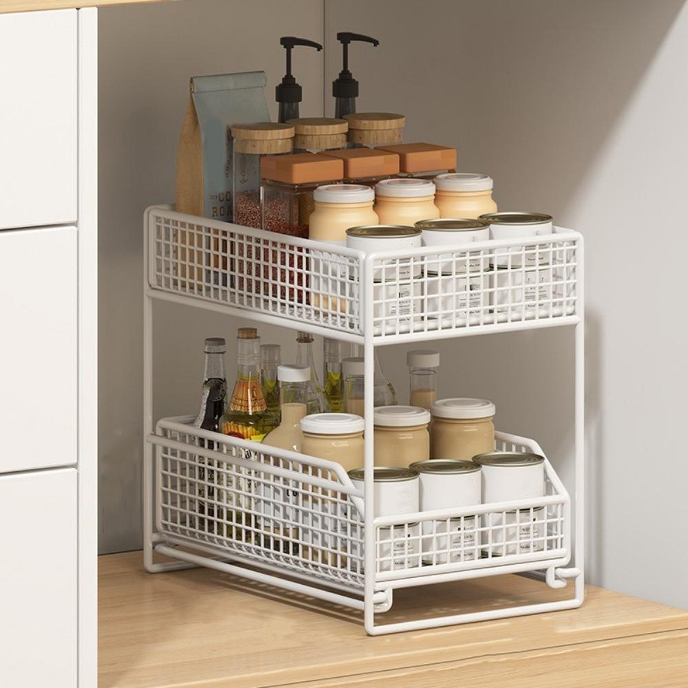 Iron Pull Out Storage Rack Stable Frame Sliding Cabinet Basket 2 Tier Storage Basket  Bathroom