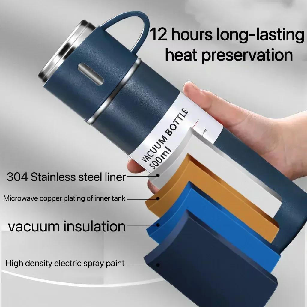 500ml Stainless Steel Vacuum Flasks with Three Lids Coffee Mug Thermoses Bottle Business Style Shimmering Design Portable Carafe