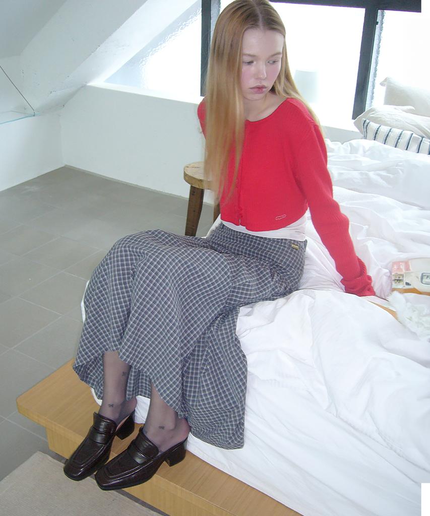 Forev Checked Shirring Long Skirt - Gray