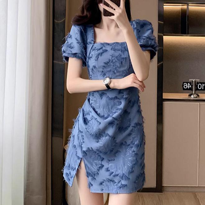 Women s Elegant Blue French Style Bodycon Dress with Waist-Cinched Short Slit Skirt - Summer New Arrival S
