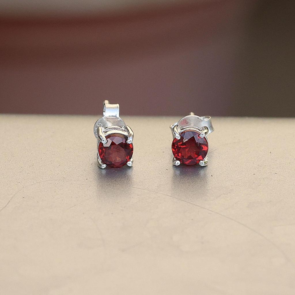Faceted Red Garnet Silver Stud Earring 925 Sterling Silver Handmade Jewelry Gift For Her