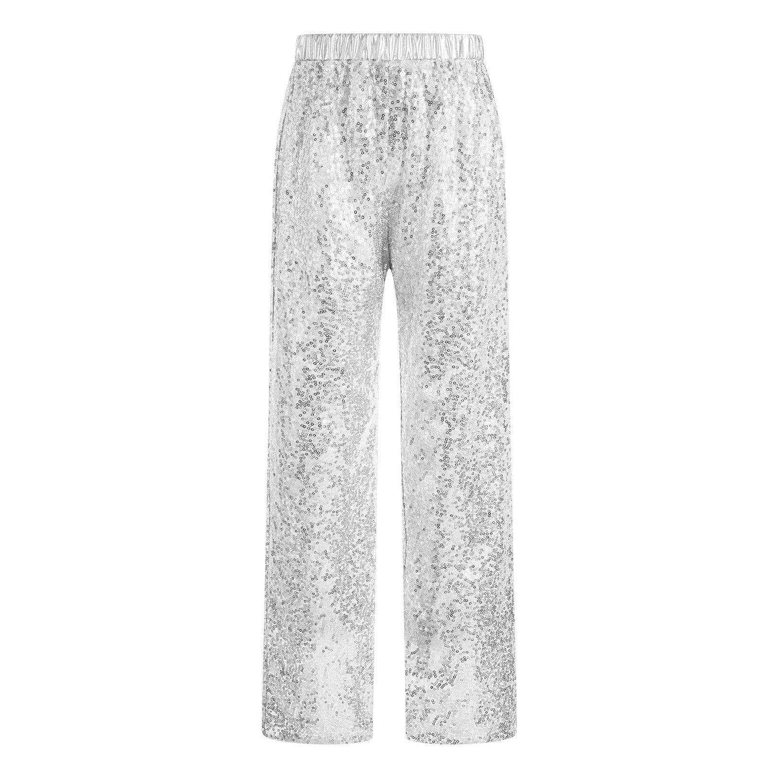 

Дівчачі блискучі брюки з паєтками, еластичний дизайн з високою посадкою, сценічний одяг для джазу 11-12 Years срібний