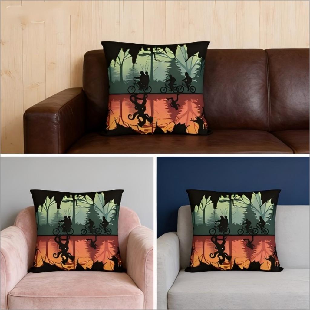 Horror Sci-Fi Inspired Pillow Cover - Upside Down Forest Scene Bike Cushion Case For Living Room Home Decor