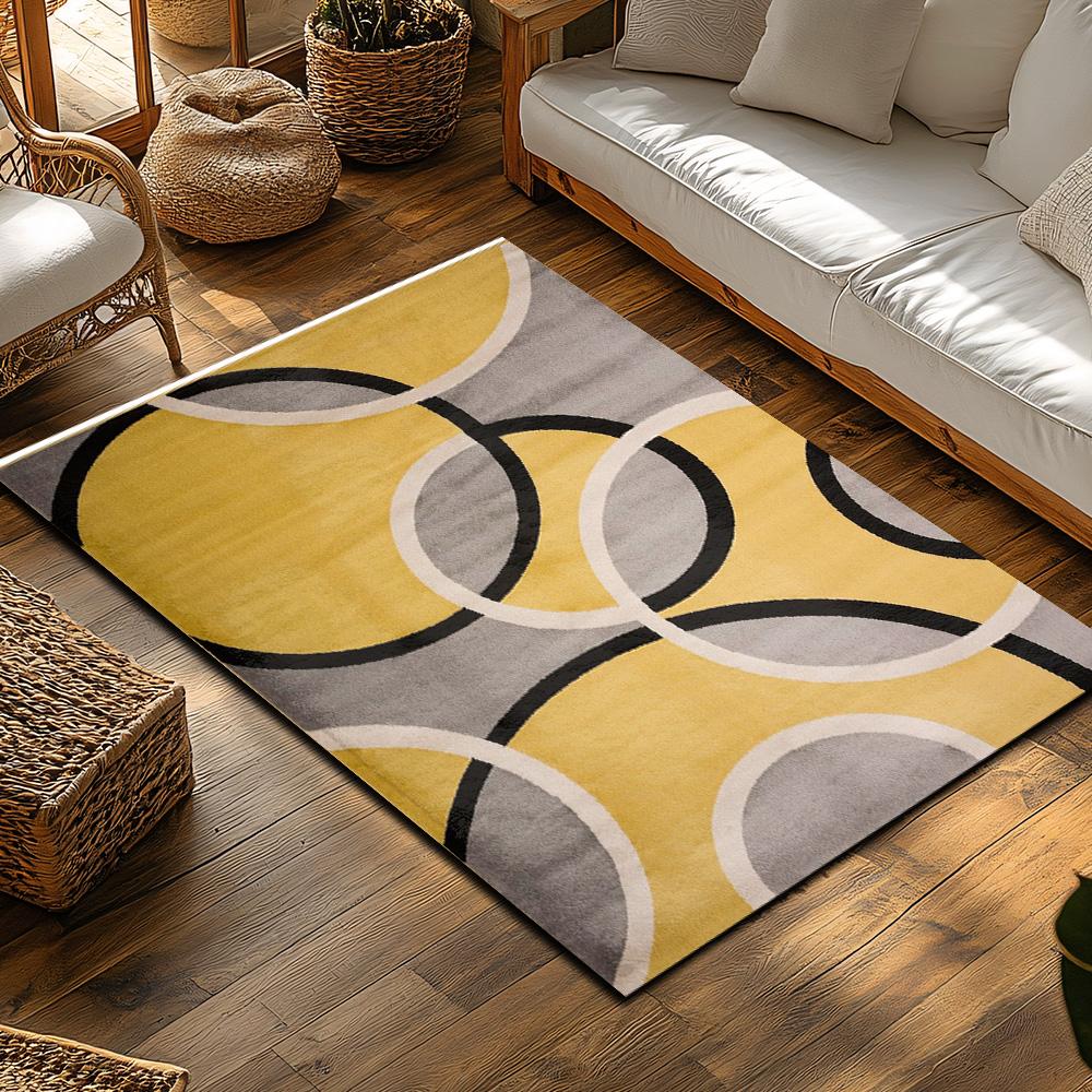Yellow Gray Geometric Bohemian Rug, Interlocking Circle Pattern Non-Slip Carpet, Modern Living Room Mat for Artistic Decor