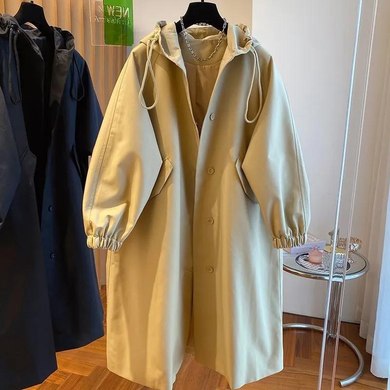 Spring Autumn Long Trench Coat Female Casual Windbreak Jacket Women's Hooded Drawstring Overcoat Windbreaker Ladies Tops