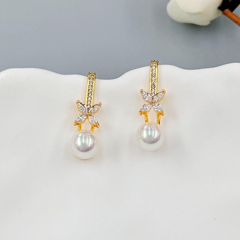 Fashion Light Luxury Creative Simple Niche Earrings Classic Four-Leaf Clover Pearl Zircon Earrings Earrings Spot золотой
