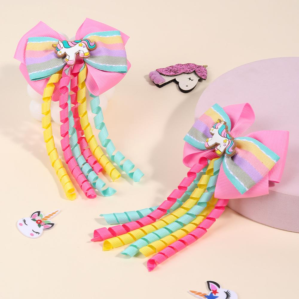 2Pcs Cartoon Unicorn Hair Clip Ribbon Bow Hairpin With Tassel Sweet Cute Pink Hairpin For Girls Children's Accesories Headwear