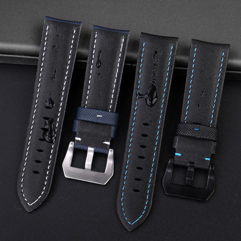 Klasyczny 24mm Pasek do Zegarka Pasujący do Panerai Luminor PAM01661 Czarny Niebieski Tkanina Nylonowa Płótno Pasek z Prawdziwej Skóry Klamra Szpilkowa