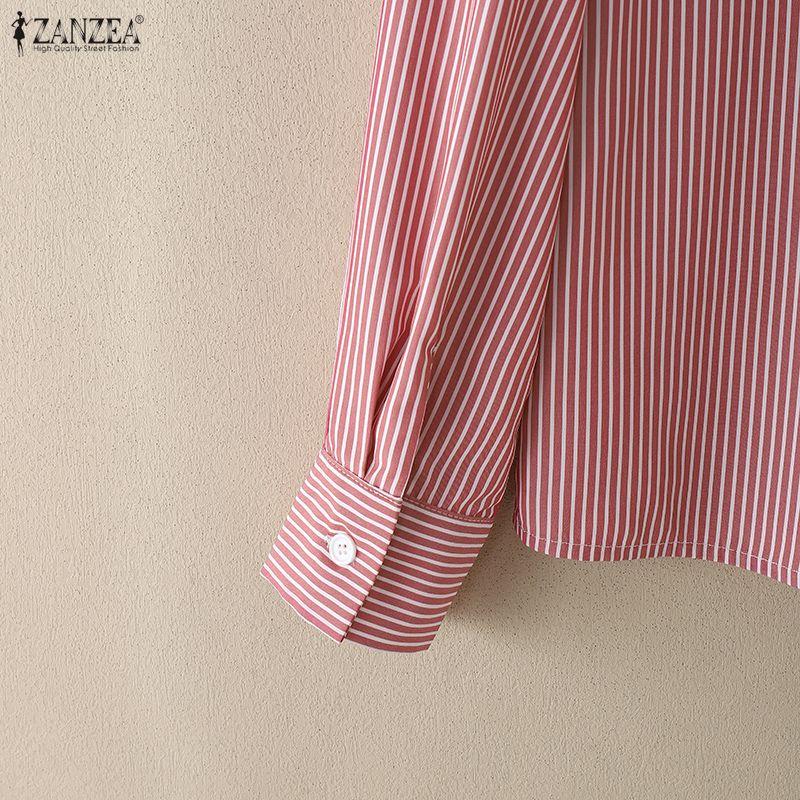 ZANZEA Women Casual Round Neck Loose Long Sleeve Stripe Blouse