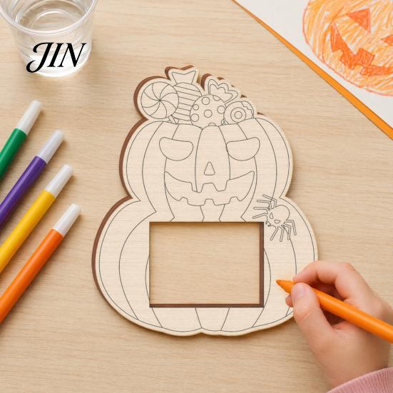Pumpkin Diy Photo Frame DIY Frame, Wooden Halloween Picture for Kids Crafts, Unfinished Wood Decor Hollow Party Tabletop Display Holiday Gift