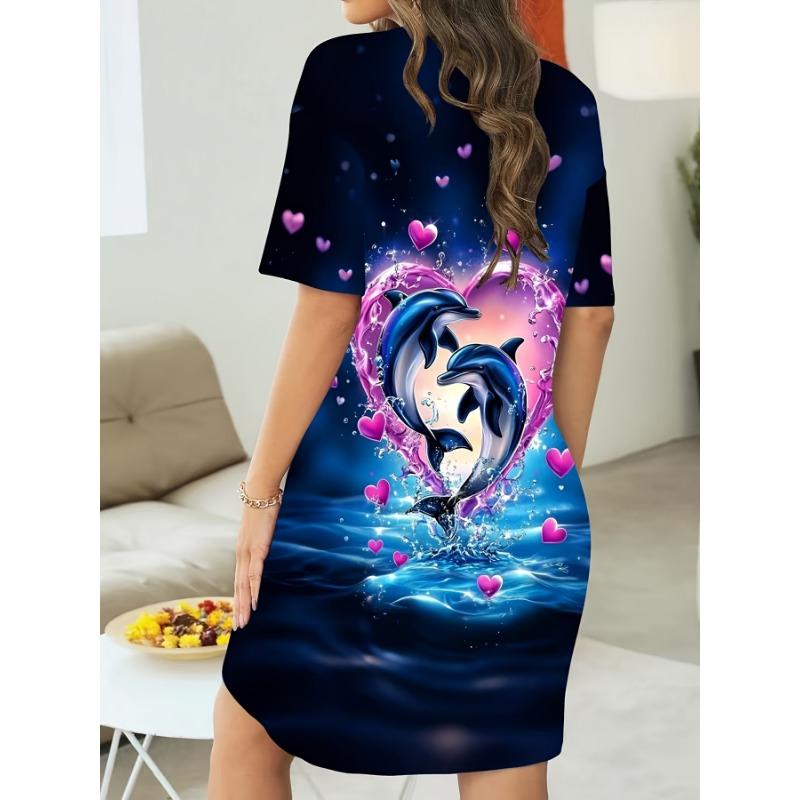 Dolphin and Heart Pattern Women's Pajamas - Comfortable Short-Sleeve Round Neck Valentine's Day T-Shirt Dress