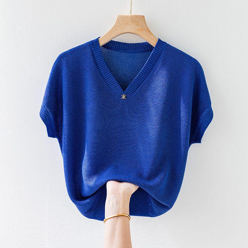 

Увеличить Летняя футболка с короткими рукавами для женщин, свободный крой, оверсайз, тонкий верх, базовый вязаный свитер 2XL синий