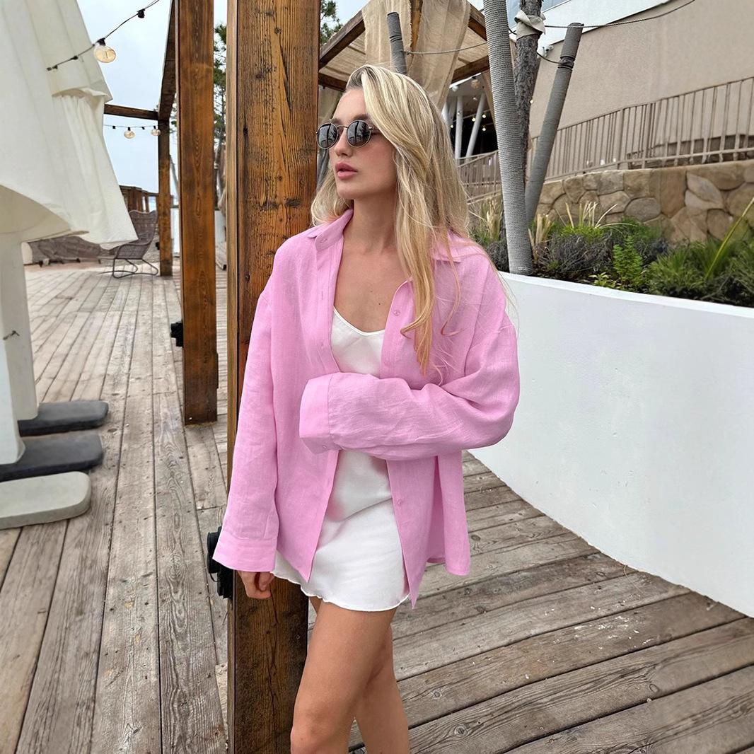 Women Pink Solid Color Linen Blend Button Down Loose Fit Long Sleeve Shirt S