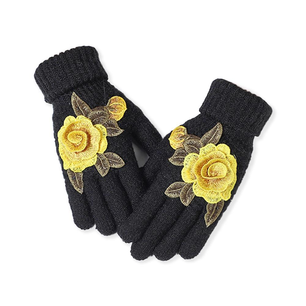 Soft Winter Gloves Embroidered Flower All Finger Gloves Knitted Gloves  Outdoor Cycling Driving