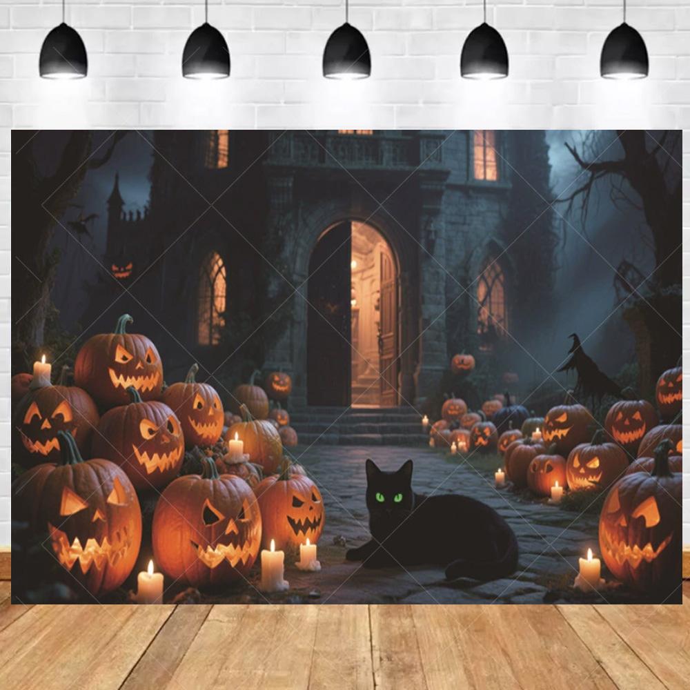 1pc Gothic Halloween Party Backdrop with Night Moon Castle Witch Pumpkin Dustproof Banner for Halloween Themed Party Decoration
